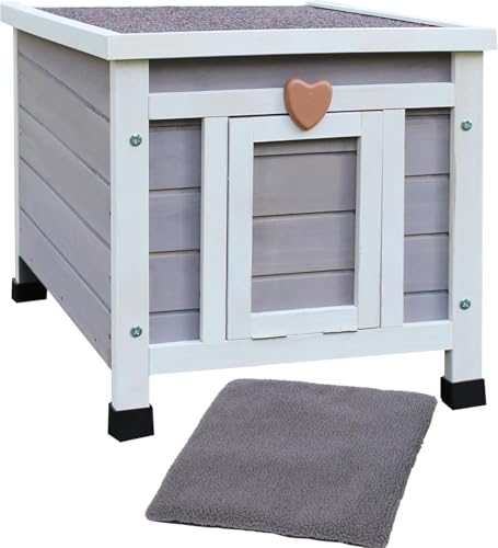 Katzenhaus für draußen mit Selbstwärmematte, wetterfestes Wildkatzenhaus Outdoor, hölzernes kleines Haustierhaus und Lebensräume-mit Matte 42 x 51 x 43 cm (Grau) von HiCaptain