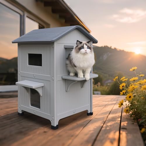 Katzenhaus im Freien, 2-stöckige Außenhäuser für Wildkatzen, Kunststoff, Außenkatzenhaus, wetterfest, mit Fluchttür, große Wildvilla Katzenhaus für kleine, mittelgroße Haustiere - Grau Katzenhaus im Freien, 2-stöckige Außenhäuser für Wildkatzen, Kunststoff, Außenkatzenhaus, wetterfest, mit Fluchttür, große Wildvilla Katzenhaus für kleine, mittelgroße Haustiere - Grau von HiCaptain