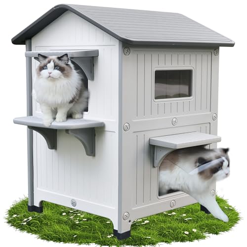 Zweistöckige Outdoor Katzenhaus mit Balkon, Outdoor Katzenhaus 2-stöckige Kunststoff wetterfest verwilderte Katze Gehege Unterschlupf mit Fluchttür - weiß von HiCaptain