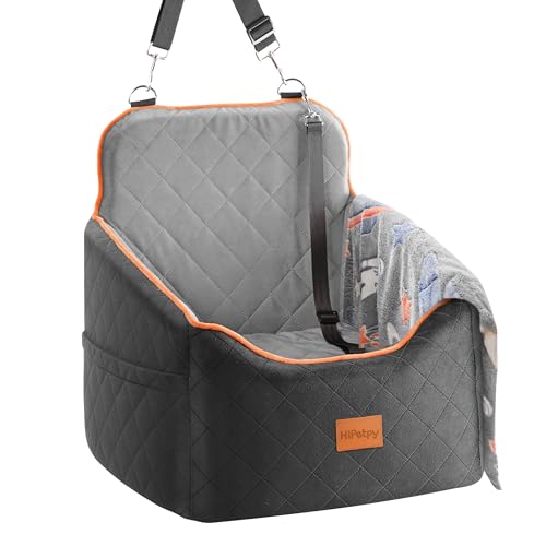 HiPetpy Hunde Autositz –Autositz mit Decke & dickem Kissen für kleine Hunde bis 14 kg/30 lb, Erhöhtes Design mit Sicherheitsleine, rutschfestes Hundebett fürs Auto mit Aufbewahrungstaschen (Grau) von HiPetpy