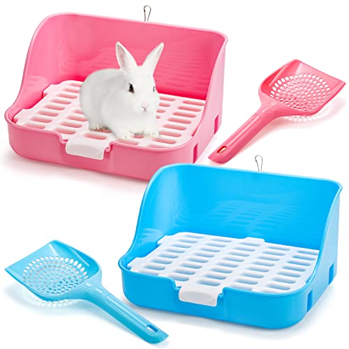 Hiceeden 2er Set Kaninchen Katzentoilette mit Schaufel, Hase Eckbett Katzentoilette mit Aufhänger, Hasenkäfig Toilette Töpfchentrainer für Frettchen, Ratte, Meerschweinchen, Eichhörnchen, Blau/Rosa von Hiceeden