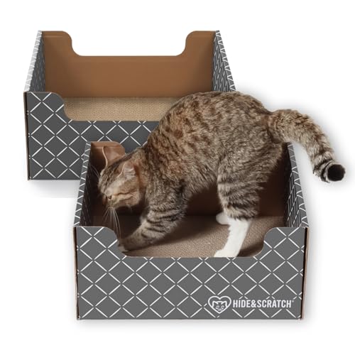 HIDE & SCRATCH Großes Katzenbett und Kratzkiste aus Karton mit nachfüllbarem doppelseitigem Karton Katzenkratzbrett (40 x 33 cm) von Hide & Scratch