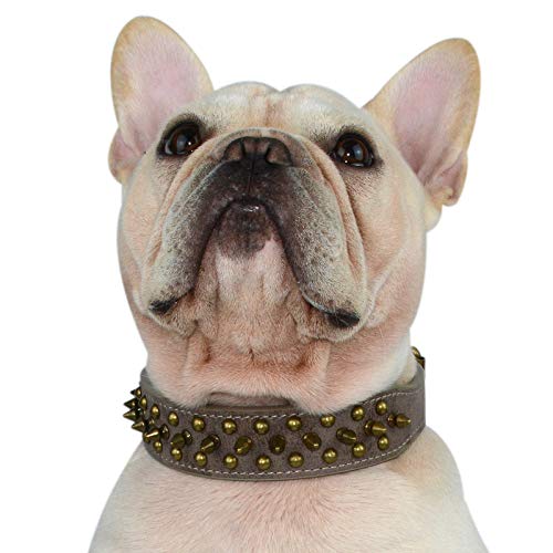 Hifrenchies Hundehalsband mit Nieten, Pilz-Nieten, verstellbar, Mikrofaser-Leder, Haustier-Halsbänder für Französische/Bulldogge/Mops, geeignet für kleine, mittelgroße und große Hunde, L, antik-grau von Hifrenchies