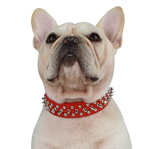 Hifrenchies Hundehalsband mit Nieten, Pilz-Nieten, verstellbar, Mikrofaser-Leder, Haustier-Halsbänder für Französische/Bulldogge/Mops, geeignet für kleine, mittelgroße und große Hunde (L, rot) von Hifrenchies