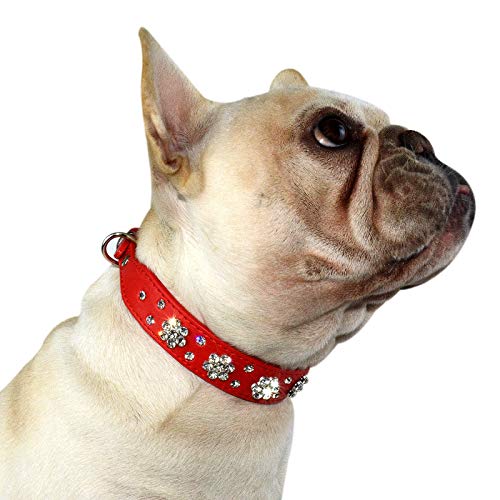 Hifrenchies Hundehalsband mit Strasssteinen, Blumen-Muster, PU-Leder, für französische Bulldogge/kleine und mittelgroße Hunde, Katze, Größe M, Rot von Hifrenchies