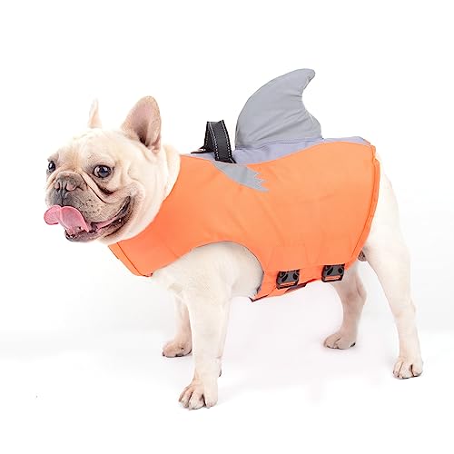 Hifrenchies Hundeschwimmweste, Schwimmweste für Haustier, Sicherheits-Rettungsweste für Französische Bulldogge, Größe M, orangefarbener Hai (Orange Shark) von Hifrenchies