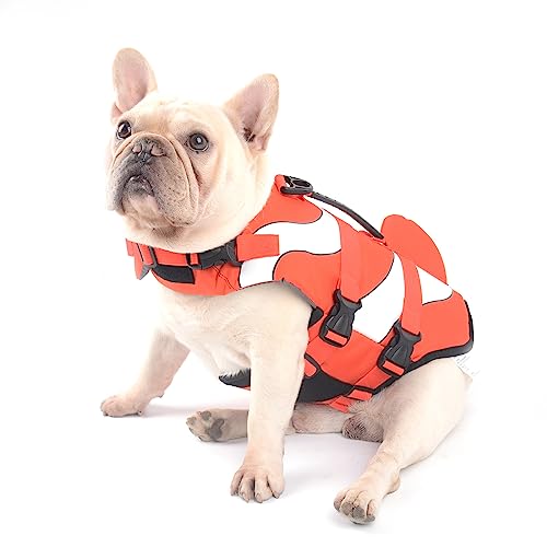 Hifrenchies Hundeschwimmweste Hai Schwimmweste Haustier Sicherheit Badeanzug Rettungsweste für Französische Bulldogge(Größe M, Clownfisch) von Hifrenchies