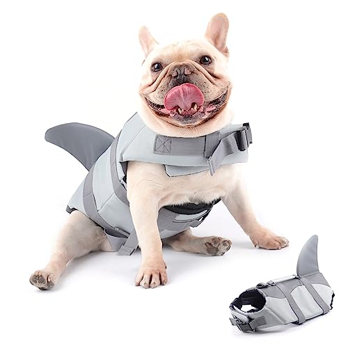 Hifrenchies Hundeschwimmweste Hai Schwimmweste Haustier Sicherheit Badeanzug Rettungsweste für Französische Bulldogge(Größe M, Hai) von Hifrenchies