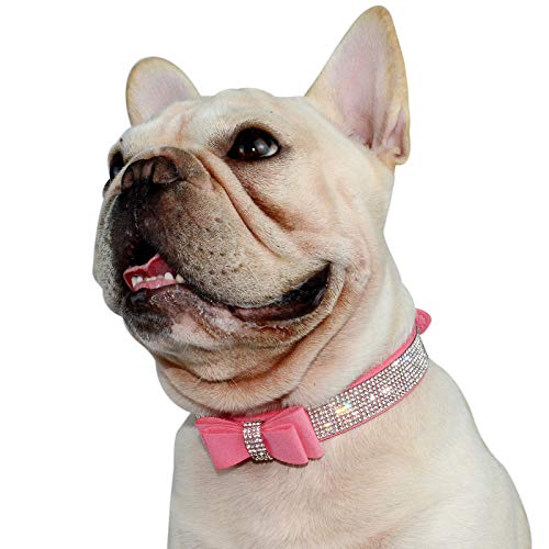 Hifrenchies Süßes Hundehalsband mit Kristall-Strasssteinen, glitzernde Diamanten, weiches Wildleder, Schmetterlingsmuster, Hundehalsband für kleine und mittelgroße Hunde, Größe L, Pink von Hifrenchies