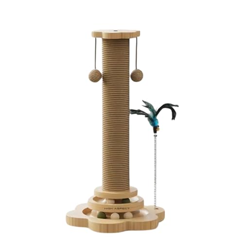 Moderner hölzerner Kratzbaum für Katzen, mit Spielbällen und Federspielzeug, natürliche Farbe Moderner hölzerner Kratzbaum für Katzen, mit Spielbällen und Federspielzeug, natürliche Farbe von High aspect
