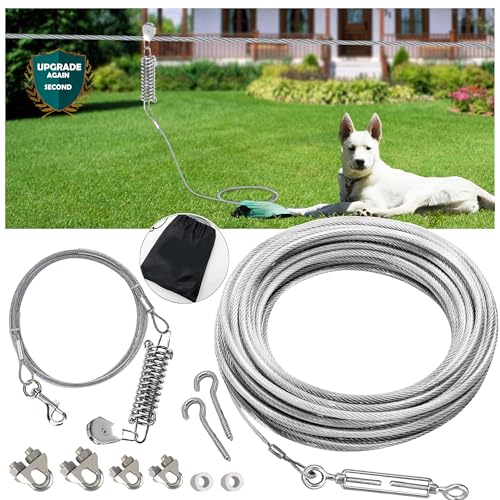 30,5 m langes Hunde-Antennen-Laufsystem – robustes Hunde-Antennenlaufkabel mit 3 m Seilzug, Läuferleine hält 34 kg Hunde für Hof, Camping, Outdoor von Highland Farms Select