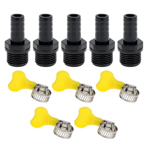 Hihaha Kunststoff-Schlauchstutzen 15/32" 1" BSPT Männliches Gewinde Gerader Rohrverbinder mit 5 Schellen 5 Stück von Hihaha