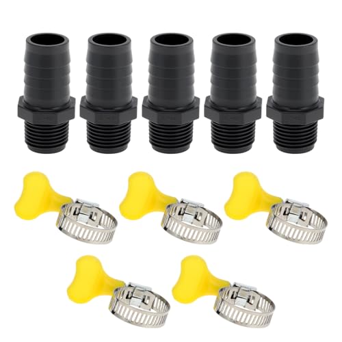 Hihaha Kunststoff-Schlauchstutzen 25/32" 26mm / 3/4" BSPT Männliches Gewinde Gerader Rohrverbinder mit 5 Schellen 5 Stück von Hihaha