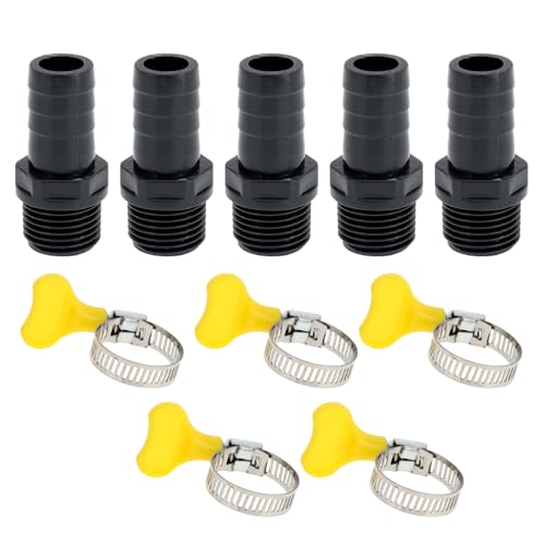 Hihaha Kunststoff-Schlauchstutzen 5/8" 1" BSPT Männliches Gewinde Gerader Rohrverbinder mit 5 Schellen 5 Stück von Hihaha