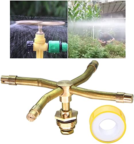 2/3/4 Arm Automatic Rotation Sprüher aus Messing mit Wasser Dichtband, 360 Grad Rotations Bewässerungssystem Sprinklerkopf, großflächiger Wassersprinkler für Gartenrasen (4 Arms) von Hikaka