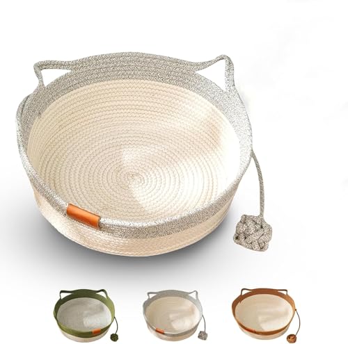 Hikaka Gewebter Seilkatzenkorb, Indoor kleine Hunde Bett Doppelkratzermatte mit Ballspielzeug, atmungsaktivem und haltbarem niedlichen Katzenbett, Katze Faltbarer Schlafkorb (Grau, 13.8in) von Hikaka