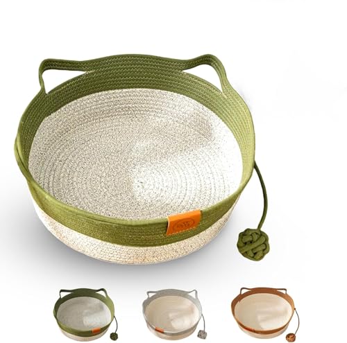 Hikaka Gewebter Seilkatzenkorb, Indoor kleine Hunde Bett Doppelkratzermatte mit Ballspielzeug, atmungsaktivem und haltbarem niedlichen Katzenbett, Katze Faltbarer Schlafkorb (Grün, 18.9in) von Hikaka