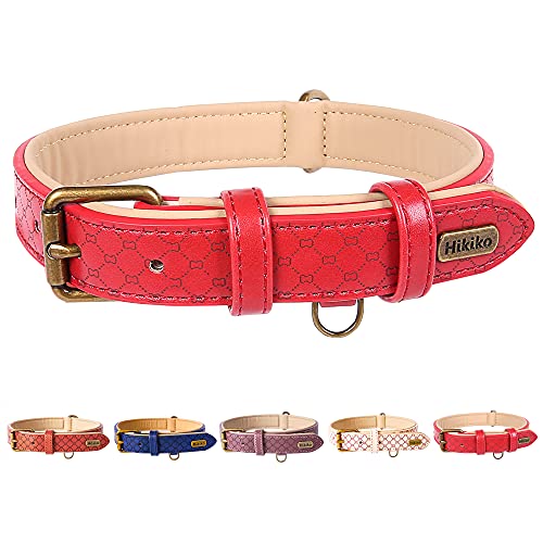 Hikiko Basic Hundehalsband, Leder, gepolstert, rostfrei, Messingschloss, für große, mittelgroße Haustiere (Größe M, Rot) von Hikiko