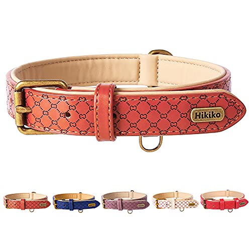 Hikiko Basic Hundehalsband, Leder, gepolstert, rostfrei, Messingschloss, für große, mittelgroße Haustiere (groß, rot) von Hikiko