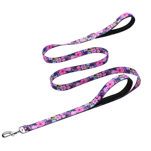 Hikiko Cute Girl Hundeleine mit doppeltem Griff, gepolsterte Verkehrsgriffe für Spaziergangstraining, 1,8 m (Rosa/Violett, Blumenmuster, 1,8 m) von Hikiko