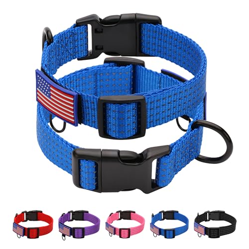 Hikiko Hundehalsband, verstellbar, reflektierend, Nylon, mit robuster Schnalle, für kleine, mittelgroße und große Hunde mit Flicken (Blau, XL) von Hikiko