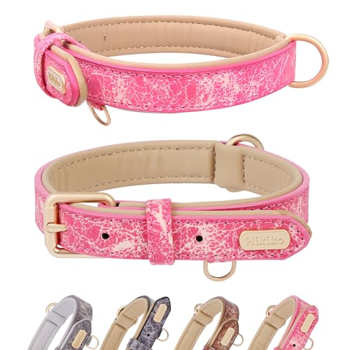 Hikiko Hundehalsband aus Leder für kleine und mittelgroße Hunde, verstellbar, strapazierfähig, dick, spezielles Design, Marmoriermuster (Rosa, Größe S) von Hikiko