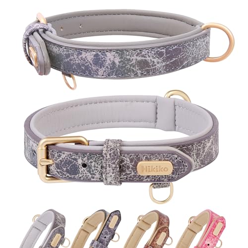 Hikiko Hundehalsband aus Leder für kleine und mittelgroße Hunde, verstellbar, strapazierfähig, dick, spezielles Design, Marmoriermuster (bunt, grau, klein) von Hikiko