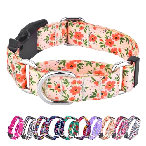 Hikiko Hundehalsband für kleine, mittelgroße und große Hunde, floral, Blumen, verstellbares Martingal-Halsband aus Nylon mit Schnellverschluss-Schnalle (Creme-/Naturfarben, Größe M) von Hikiko