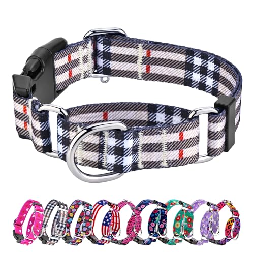 Hikiko Hundehalsband für kleine, mittelgroße und große Hunde, verstellbares Martingal-Halsband aus Nylon mit Schnellverschluss-Schnalle (Beige kariert, Größe M) von Hikiko