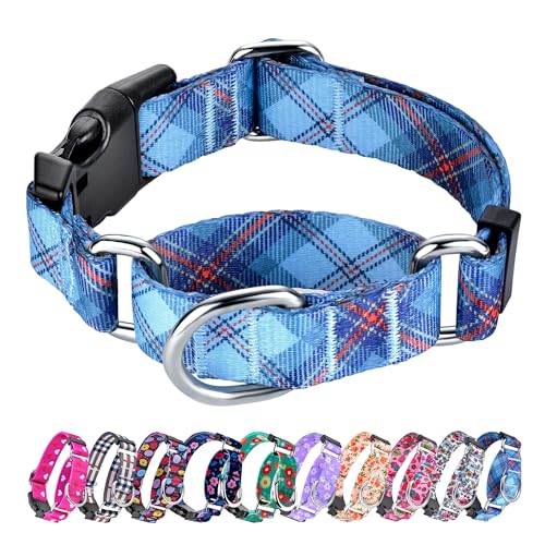 Hikiko Hundehalsband für kleine, mittelgroße und große Hunde, verstellbares Martingal-Halsband aus Nylon mit Schnellverschluss-Schnalle (Blau kariert, Größe S) von Hikiko