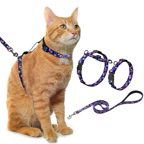 Hikiko Katzengeschirr und Leine, ausbruchsicher, verstellbar, für Spaziergänge, Reisen, niedliches Kätzchengeschirr für kleine, mittelgroße und große Katzen, Marineblau mit Blumenmuster, Größe M von Hikiko