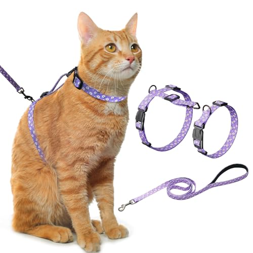 Hikiko Katzengeschirr und Leine, ausbruchsicher, verstellbar, für Spaziergänge, Reisen, süßes Mädchen, Kätzchen, Geschirr für kleine, mittelgroße und große Katzen, Violett mit Blumenmuster, Größe M von Hikiko