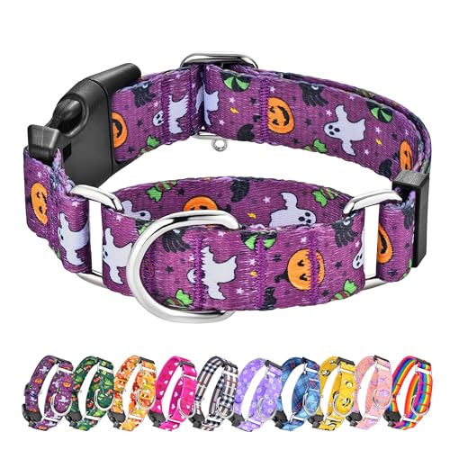 Hikiko Martingal-Halsband für Hunde mit Schnalle für kleine, mittelgroße und große Hunde, weiches Nylon, Halloween-Hundehalsband, Spaziergangstraining (Lila, kleiner Teufel, Größe L) von Hikiko