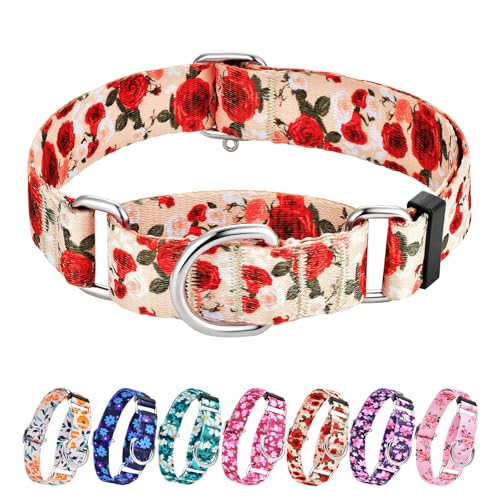 Hikiko Martingale Halsband für Hunde ohne Schnalle, Designer-Hundehalsband mit Blumenmuster, Nylon, kein Ziehen, Hundehalsband für extra kleine Hunde, rote Rose, Größe XS Hikiko Martingale Halsband für Hunde ohne Schnalle, Designer-Hundehalsband mit Blumenmuster, Nylon, kein Ziehen, Hundehalsband für extra kleine Hunde, rote Rose, Größe XS von Hikiko
