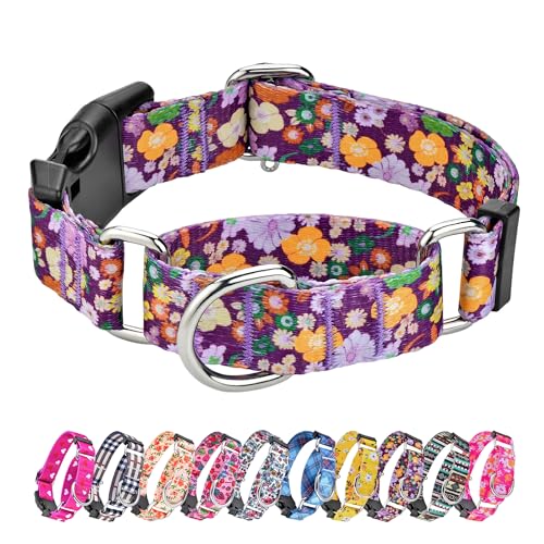 Hikiko Martingale Hundehalsband für Hunde, süßes Blumenmuster, für kleine, mittelgroße und große Hunde, spezielles Design, ausgefallenes Hundehalsband für Mädchen, Jungen (violette Blume, Größe L) von Hikiko