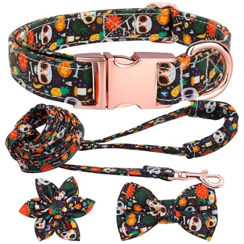 Hilkycton Hundehalsband und Leine Set mit Blume Fliege Mädchen Hundehalsband Metallschnalle Verstellbar für kleine, mittelgroße und große Hunde Totenkopf Skelett M von Hilkycton