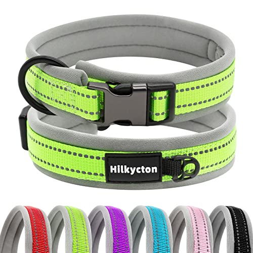 Hilkycton Reflektierendes Nylon gepolstert mit weichem Neopren-Hundehalsband, verstellbare, strapazierfähige, breite Haustierhalsbänder, leicht für mittelgroße und große Hunde, Grün-L von Hilkycton