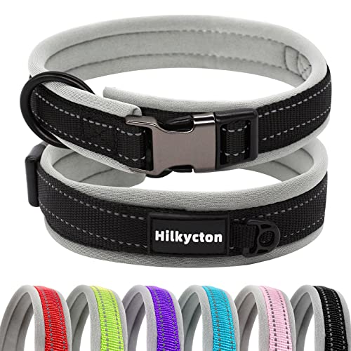 Hilkycton Reflektierendes Nylon gepolstert mit weichem Neopren-Hundehalsband, verstellbare, strapazierfähige, breite Haustierhalsbänder, leicht für mittelgroße und große Hunde, schwarz-L von Hilkycton