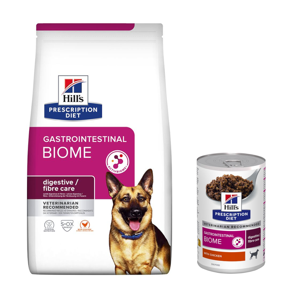 10 kg / 12 kg Hill's Prescription Diet + 3 x 370 g passendes Nassfutter gratis! - 10 kg Gastrointestinal Biome mit Huhn von Hill's Prescription Diet