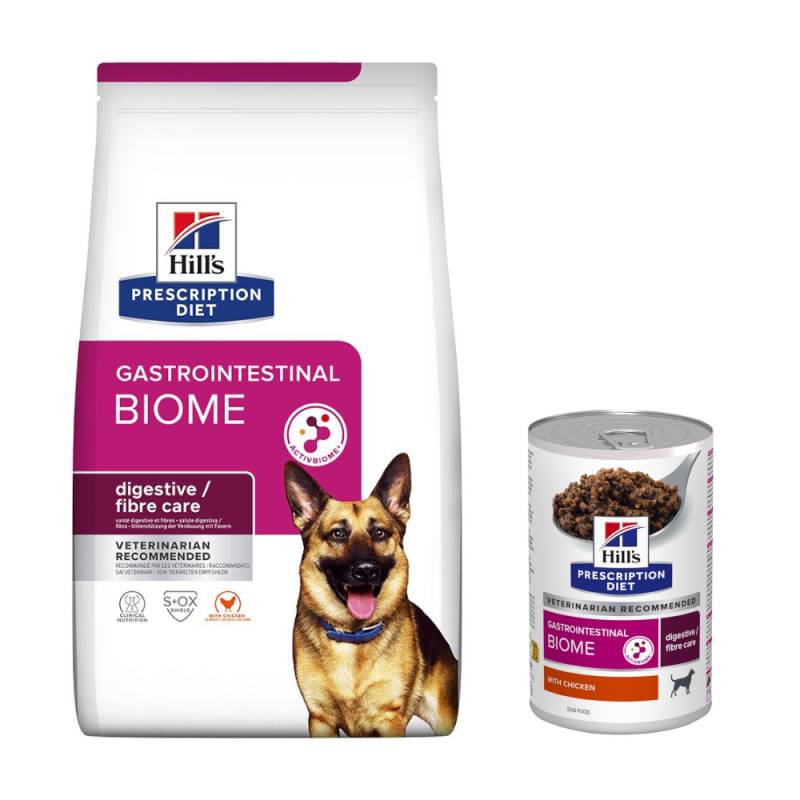 10 kg / 12 kg Hill's Prescription Diet + passendes Nassfutter gratis! - 10 kg Gastrointestinal Biome mit Huhn + 3 x 370 g Nassfutter von Hill's Prescription Diet