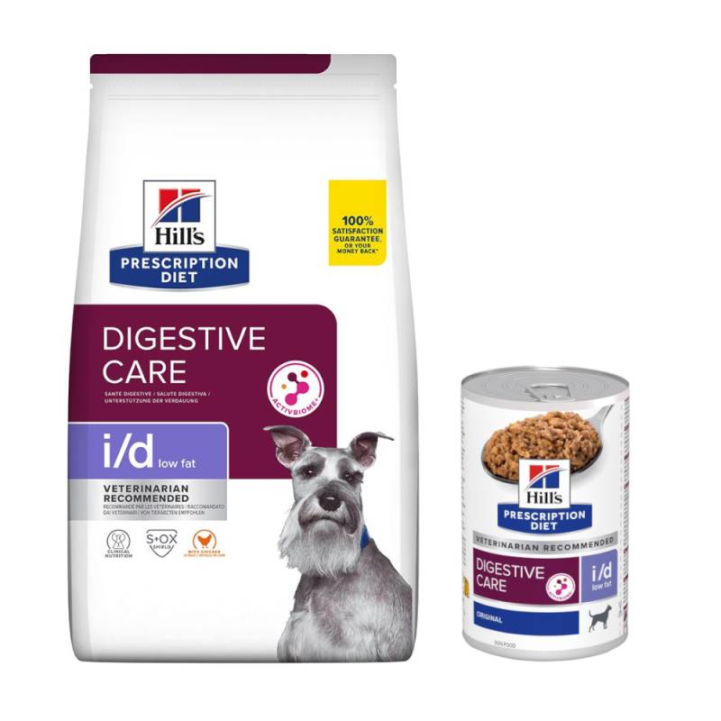 10 kg / 12 kg Hill's Prescription Diet + passendes Nassfutter gratis! - 12 kg i/d Low Fat Digestive Care mit Huhn + 3 x 360 g Nassfutter von Hill's Prescription Diet