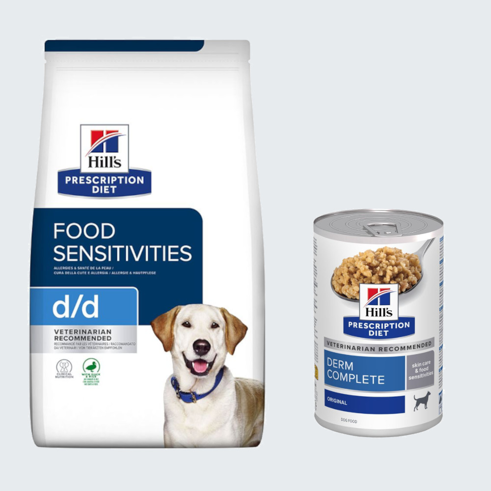 12 kg Hill's Prescription Diet + 3 x 370 g Derm Complete Nassfutter gratis! - d/d Food Sensitivities mit Ente & Reis von Hill's Prescription Diet