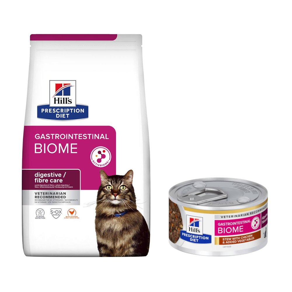 8 kg Hill's Prescription Diet + 8 x 85 g / 12 x 85 g passendes Nassfutter gratis!  - Gastrointestinal Biome mit Huhn + 8 x 82 g Huhn & Gemüse von Hill's Prescription Diet