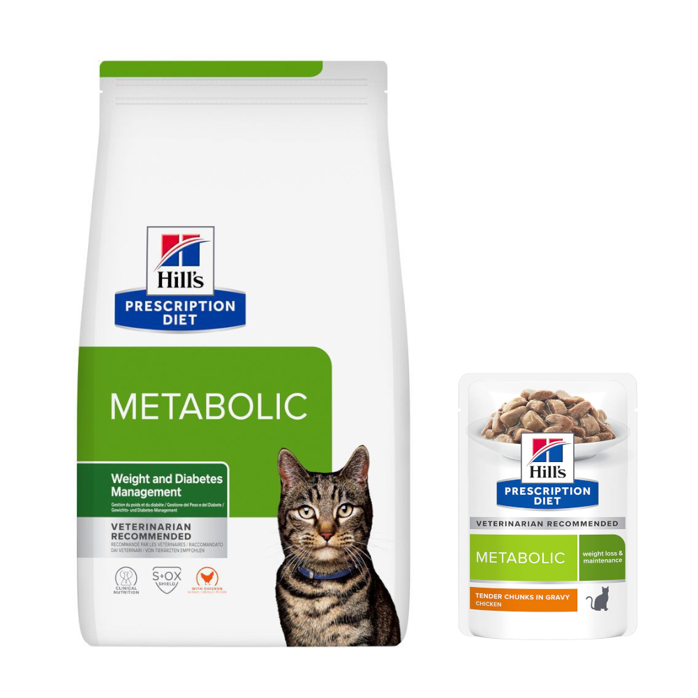 8 kg Hill's Prescription Diet + 8 x 85 g / 12 x 85 g passendes Nassfutter gratis!  - Metabolic Gewichts- & Diabetesmanagement mit Huhn + 12 x 82 g Metabolic Gewichtsmanagement von Hill's Prescription Diet