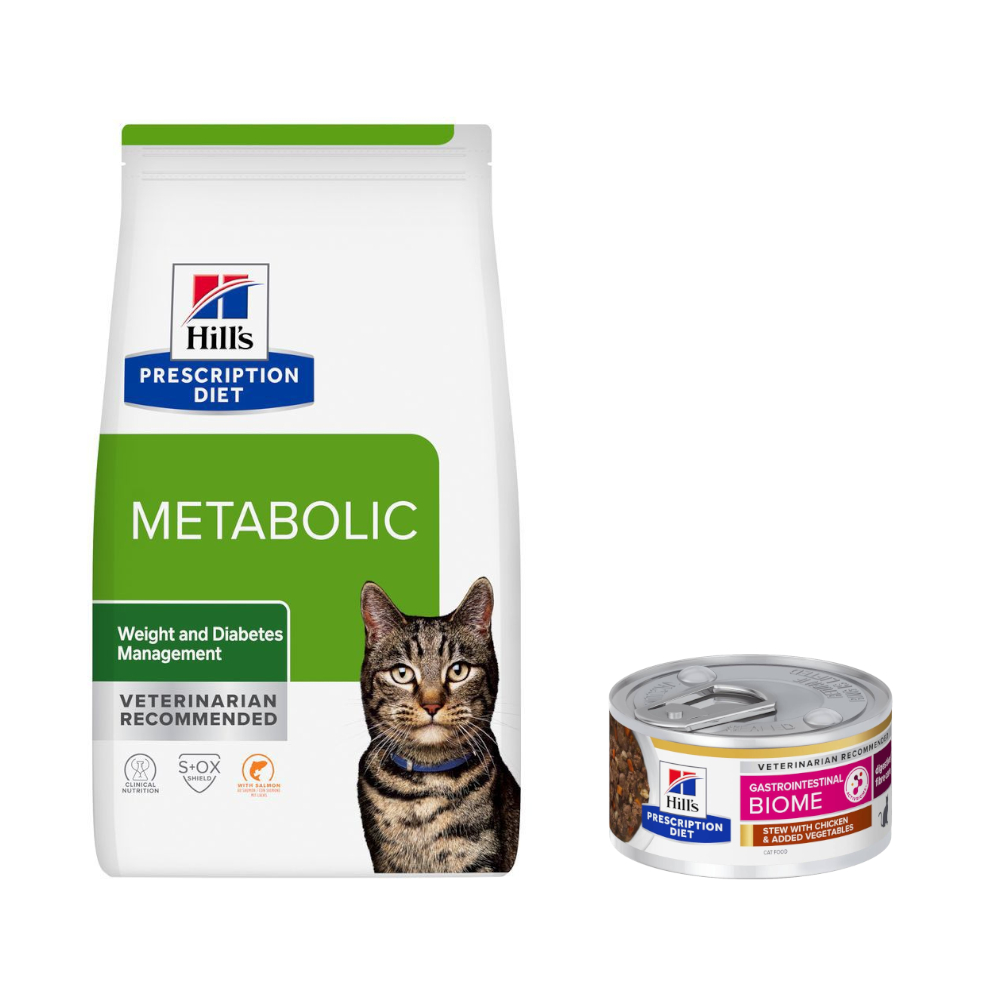 8 kg Hill's Prescription Diet + 8 x 85 g / 12 x 85 g passendes Nassfutter gratis!  - Metabolic Gewichts- & Diabetesmanagement mit Lachs + 8 x 82 g Ragout mit Huhn von Hill's Prescription Diet