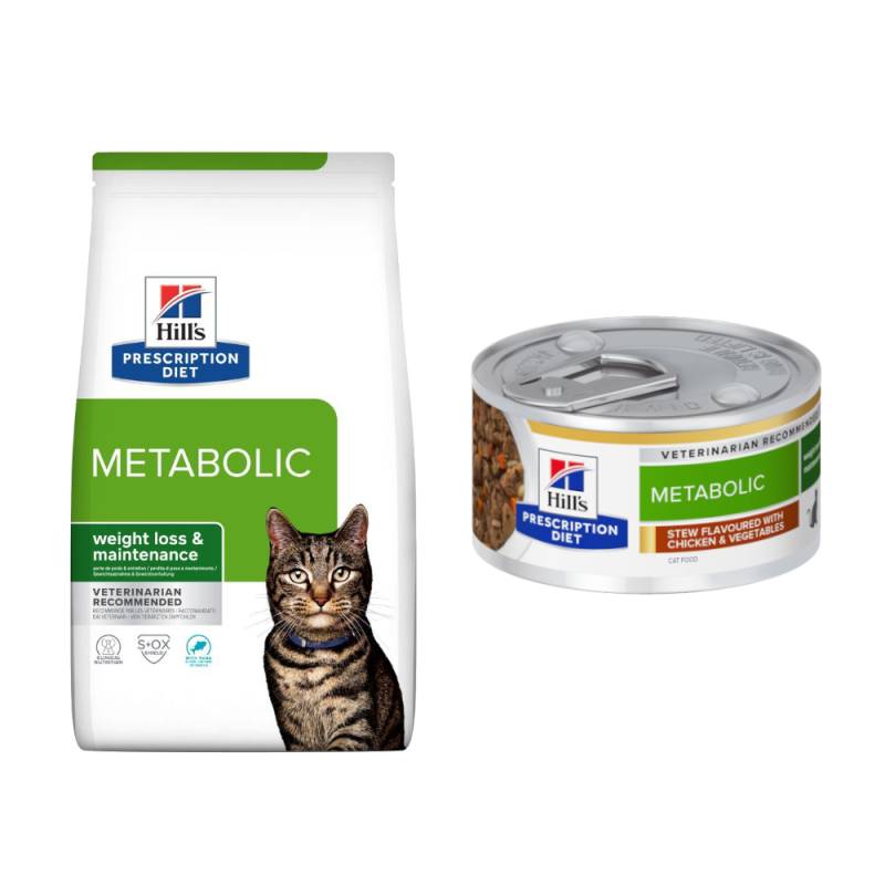 8 kg Hill's Prescription Diet Trockenfutter + 6 x 82 g passendes Nassfutter gratis! - Metabolic Gewichtsmanagement mit Thunfisch + 6 x 82 g Ragout mit Huhn von Hill's Prescription Diet