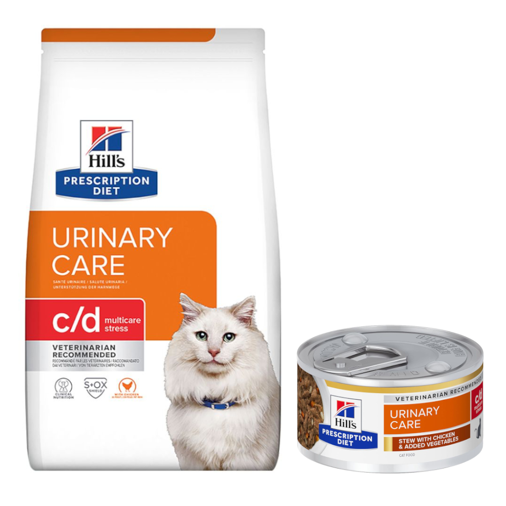 8 kg Hill's Prescription Diet Trockenfutter + 6 x 82 g passendes Nassfutter gratis! - c/d Multicare Stress Urinary Care mit Huhn + 6 x 82 g  mit Huhn von Hill's Prescription Diet