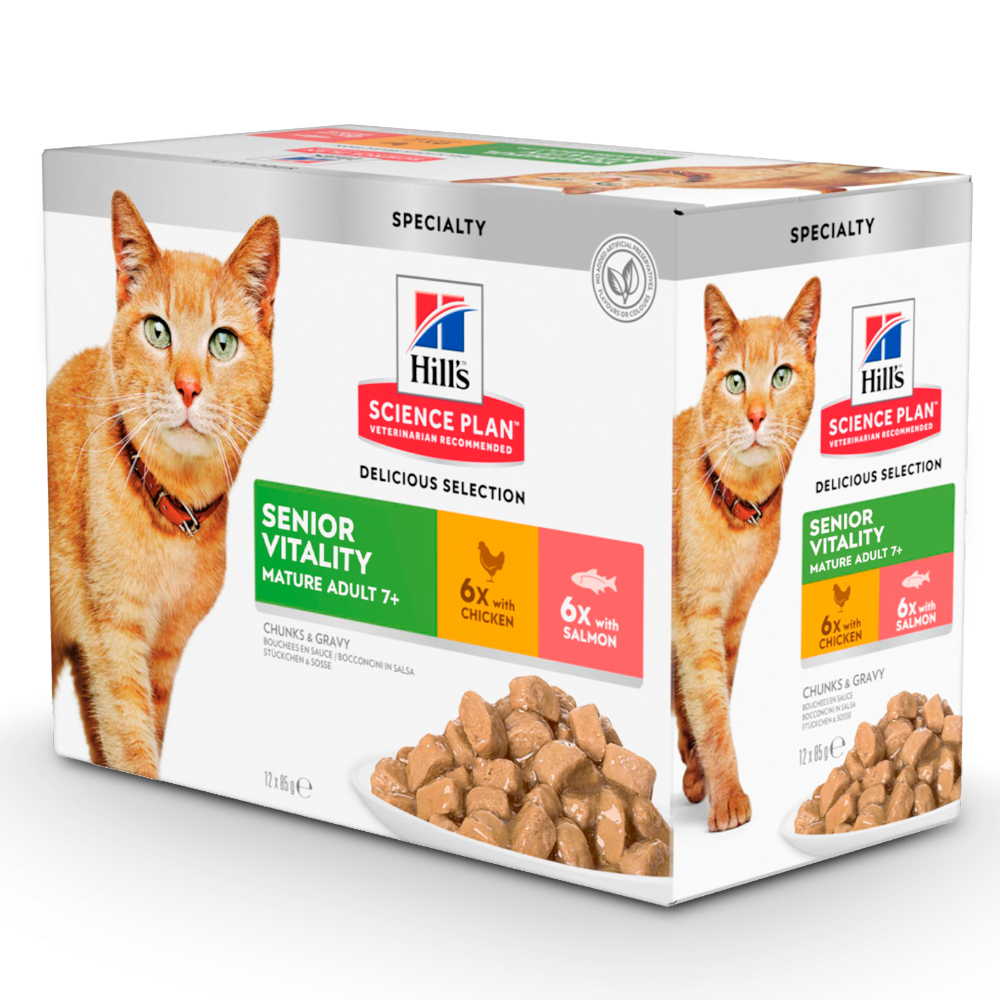 9 + 3 gratis! 12 x 85 g Hill's Science Plan - Mature Adult 7+ Senior Vitality: Huhn & Lachs 9 + 3 gratis! 12 x 85 g Hill's Science Plan - Mature Adult 7+ Senior Vitality: Huhn & Lachs von Hill's Science Plan