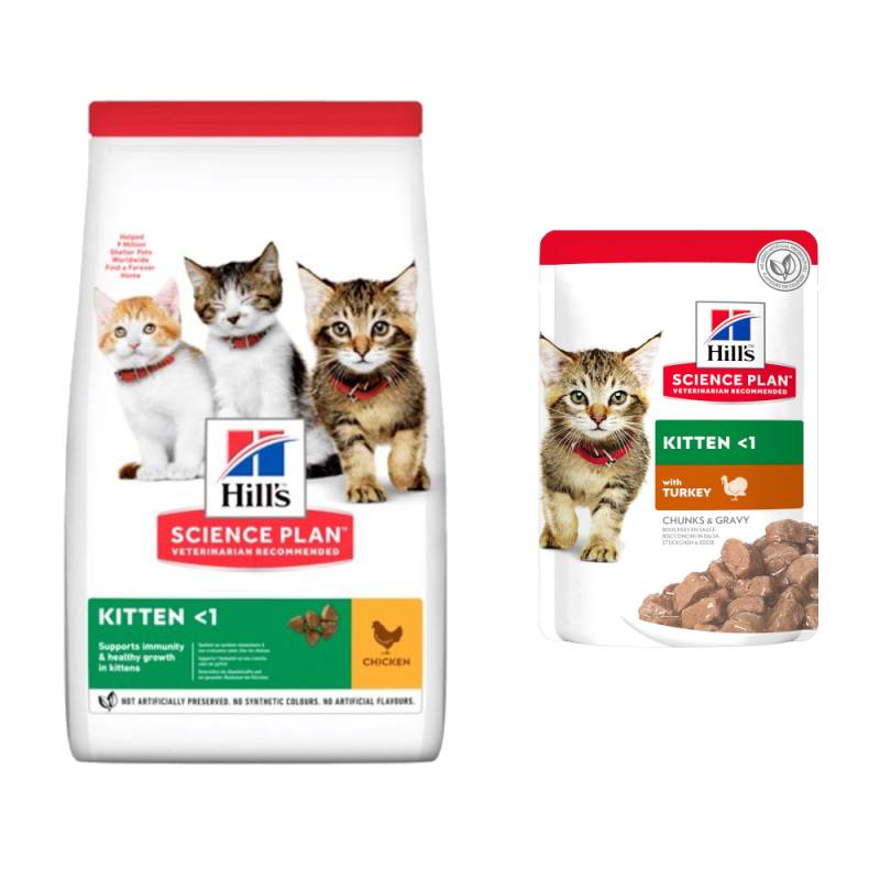 Hill's Science Plan Kitten Trockenfutter + Nassfutter gratis! - 3 kg mit Huhn + 3 x 85 g mit Truthahn von Hill's Science Plan