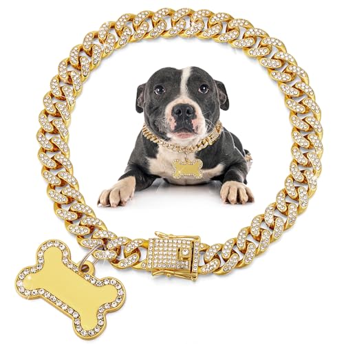 Hillban Hundekette, goldenes Diamant-Halsband mit Haustier-ID-Schmuckmarken, Strasssteine, Edelstahl, Metallgliederhalsband, Spazierengehkette, Halskette für Welpen, Jungen, Mädchen, kleine Hunde von Hillban